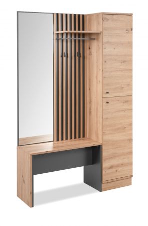 Kompaktgarderobe Madem in Artisan Eiche und Anthrazit mit 3D-Lamellen Garderobe mit Spiegel 122 x 190 cm