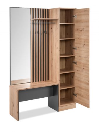 Kompaktgarderobe Madem in Artisan Eiche und Anthrazit mit 3D-Lamellen Garderobe mit Spiegel 122 x 190 cm