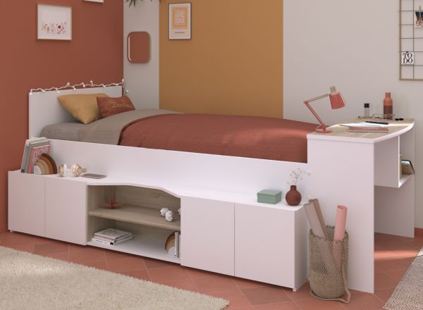 Parisot Hochbett Cleo1 in wei� und Eiche 90 x 200 mit Stauraum und Schreibtisch