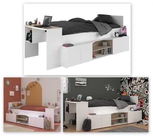 Parisot Hochbett Cleo1 in wei� und Eiche 90 x 200 mit Stauraum und Schreibtisch