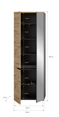 Garderobenschrank Cooper in Artisan Eiche und grau 65 x 190 cm mit variabler Inneneinteilung, Soft-Close
