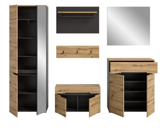 Garderobe Set 6-teilig Cooper in Artisan Eiche und grau 255 cm mit Soft-Close