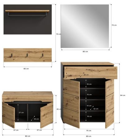 Garderobe Set 5-teilig Cooper in Artisan Eiche und grau 175 cm, Soft-Close