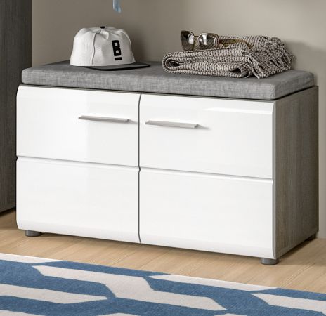 Garderobe Sitzbank Rumba in wei� Hochglanz und Rauchsilber grau Garderobenbank 80 cm