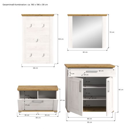 Garderobe Set 4-teilig Mirano in wei� L�rche und Eiche Artisan Landhaus Garderobenkombination 190 cm