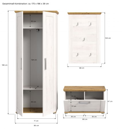 Garderobe Set 3-teilig Mirano in wei� L�rche und Eiche Artisan Landhaus Garderobenkombination 175 cm