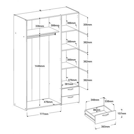Kleiderschrank Enjour in wei� Dreht�renschrank 3-t�rig mit Spiegel 120 x 185 cm