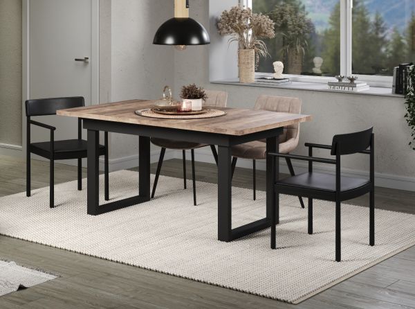 Esstisch Thorad in Tabak Eiche und Metall schwarz Industrial Look ausziehbar 160 - 200 cm