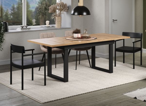 Esstisch Thorad in Evoke Eiche und Metall schwarz Industrial Look ausziehbar 160 - 200 cm