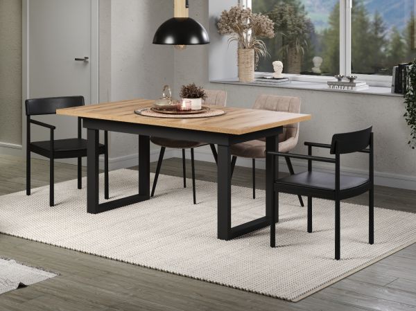 Esstisch Thorad in Evoke Eiche und Metall schwarz Industrial Look ausziehbar 160 - 200 cm
