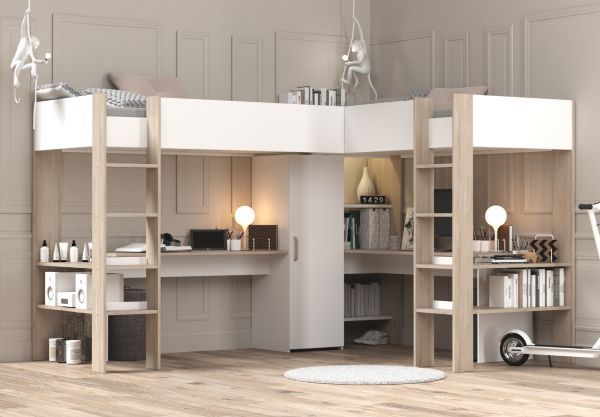 Parisot Hochbett Alex in wei� und Eiche Jugendzimmer mit 2x Bett Liegefl�che 90 x 200 cm