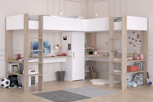Parisot Hochbett Alex in wei� und Eiche Jugendzimmer mit 2x Bett Liegefl�che 90 x 200 cm