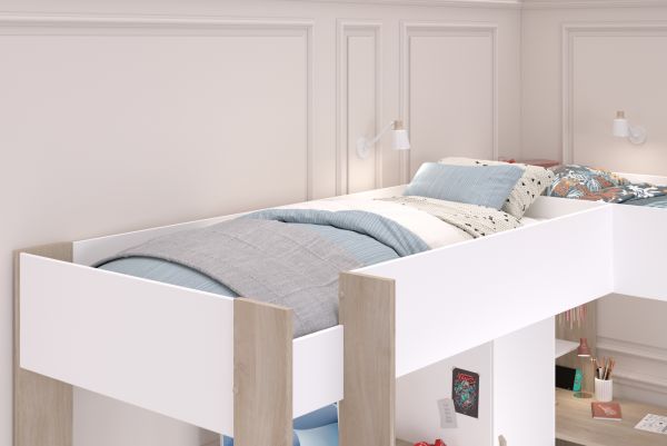 Parisot Hochbett Alex in wei� und Eiche Jugendzimmer mit 2x Bett Liegefl�che 90 x 200 cm