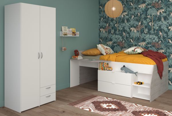 Parisot Kinder- und Jugendzimmer Milky14 in wei� und grau, Stauraumbett und Kleiderschrank