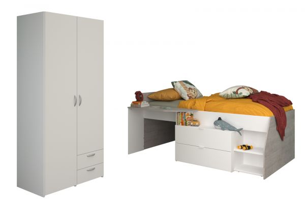Parisot Kinder- und Jugendzimmer Milky14 in wei� und grau, Stauraumbett und Kleiderschrank