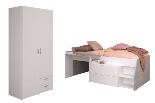 Parisot Kinder- und Jugendzimmer Milky14 in wei� und grau, Stauraumbett und Kleiderschrank
