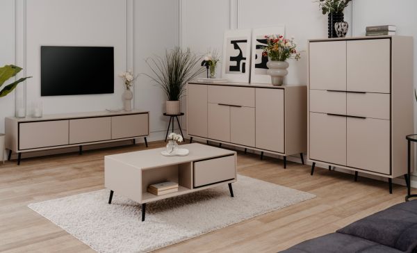 Highboard Brebbia in sand und schwarz Kommode 90 x 140 cm, Soft-Close-Funktion