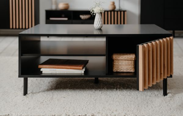 Couchtisch Biella in schwarz und Lamellen in Artisan Eiche Dekor 110 x 67 cm, Anti Fingerprint beschichtet