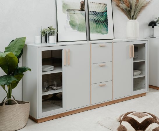 Sideboard Hanno in grau und Hickory Walnuss Kommode 204 x 94 cm