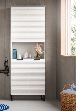 Badezimmer Hochschrank Roove in wei� mit 3D-Wellenstruktur Badschrank, Soft-Close-Funktion