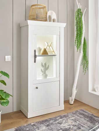 Vitrine Fiastra in wei� Pinie Landhaus Vitrinenschrank 70 x 146 cm, Soft-Close-Funktion