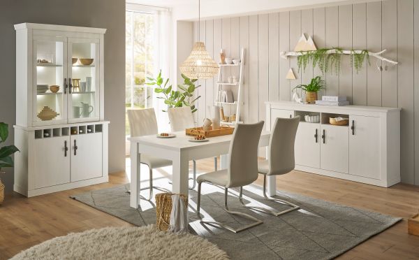 Vitrine Fiastra in wei� Pinie Landhaus Vitrinenschrank 70 x 146 cm, Soft-Close-Funktion