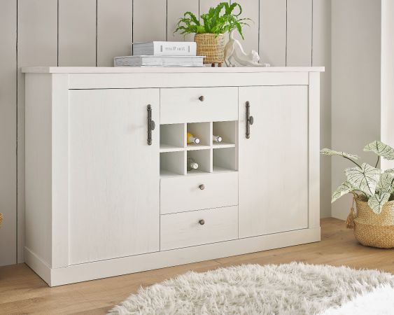Sideboard Fiastra in wei� Pinie Landhaus hohe Kommode 166 x 100 cm, Soft-Close-Funktion