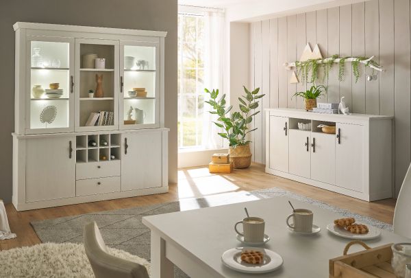 Sideboard Fiastra in wei� Pinie Landhaus Kommode 201 cm, Soft-Close-Funktion