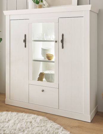 Highboard Fiastra in wei� Pinie Landhaus Vitrine 140 x 146 cm, Soft-Close-Funktion