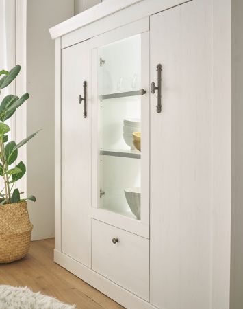 Highboard Fiastra in wei� Pinie Landhaus Vitrine 140 x 146 cm, Soft-Close-Funktion