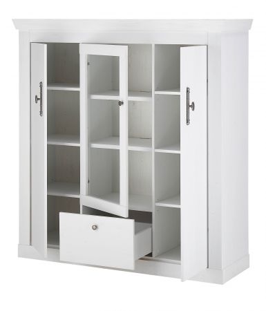 Highboard Fiastra in wei� Pinie Landhaus Vitrine 140 x 146 cm, Soft-Close-Funktion