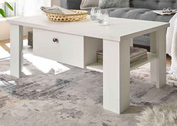 Couchtisch Fiastra in wei� Pinie Landhaus Beistelltisch 107 x 67 cm, Soft-Close-Funktion
