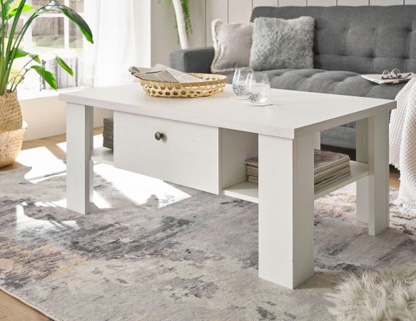 Couchtisch Fiastra in wei� Pinie Landhaus Beistelltisch 107 x 67 cm, Soft-Close-Funktion