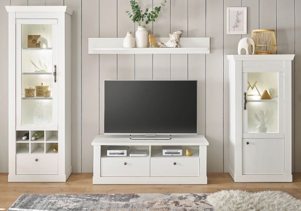 Wohnwand Fiastra in wei� Pinie Landhaus Wohnkombination 4-teilig, Soft-Close-Funktion