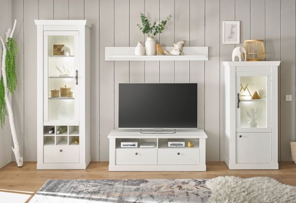 Wohnwand Fiastra in wei� Pinie Landhaus Wohnkombination 4-teilig, Soft-Close-Funktion