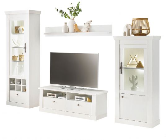 Wohnwand Fiastra in wei� Pinie Landhaus Wohnkombination 4-teilig, Soft-Close-Funktion