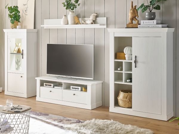 Wohnwand Fiastra in wei� Pinie Landhaus Wohnkombination 4-teilig, Soft-Close-Funktion