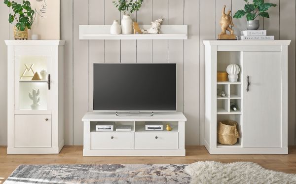 Wohnwand Fiastra in wei� Pinie Landhaus Wohnkombination 4-teilig, Soft-Close-Funktion