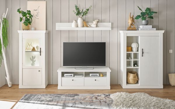 Wohnwand Fiastra in wei� Pinie Landhaus Wohnkombination 4-teilig, Soft-Close-Funktion