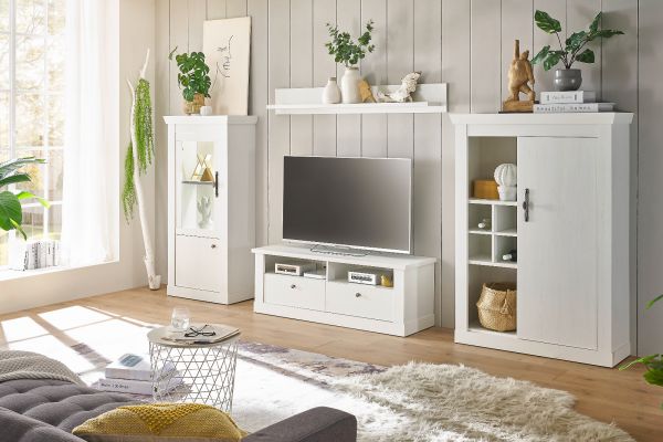 Wohnwand Fiastra in wei� Pinie Landhaus Wohnkombination 4-teilig, Soft-Close-Funktion