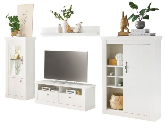 Wohnwand Fiastra in wei� Pinie Landhaus Wohnkombination 4-teilig, Soft-Close-Funktion