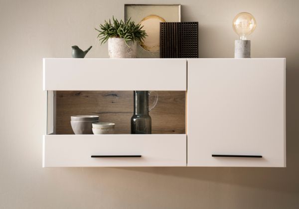 H�ngevitrine Lavell in wei� matt und Evoke Eiche Vitrine h�ngend 120 cm, Soft-Close-Funktion