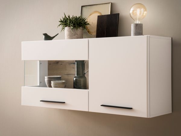 H�ngevitrine Lavell in wei� matt und Evoke Eiche Vitrine h�ngend 120 cm, Soft-Close-Funktion