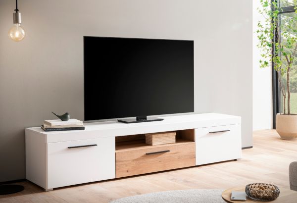 TV-Lowboard Lavell in wei� matt und Evoke Eiche TV Unterteil 205 cm, Soft-Close-Funktion