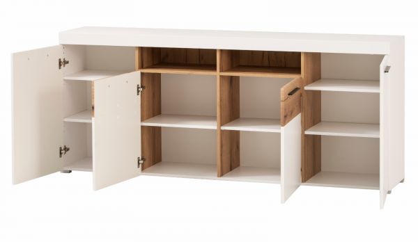 Sideboard Lavell in wei� matt und Evoke Eiche Kommode 205 cm, Soft-Close-Funktion