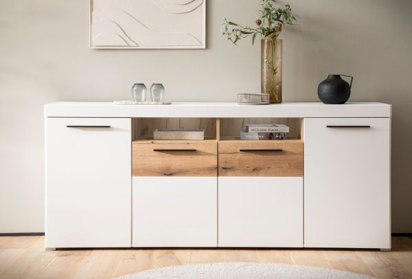 Sideboard Lavell in wei� matt und Evoke Eiche Kommode 205 cm, Soft-Close-Funktion