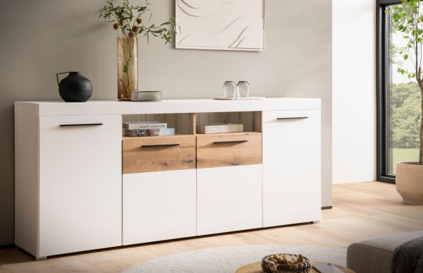 Sideboard Lavell in wei� matt und Evoke Eiche Kommode 205 cm, Soft-Close-Funktion