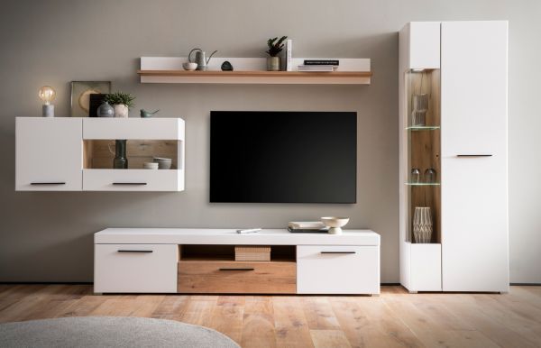 Wohnwand Lavell in wei� matt und Evoke Eiche Wohnkombination 4-teilig, Soft-Close-Funktion