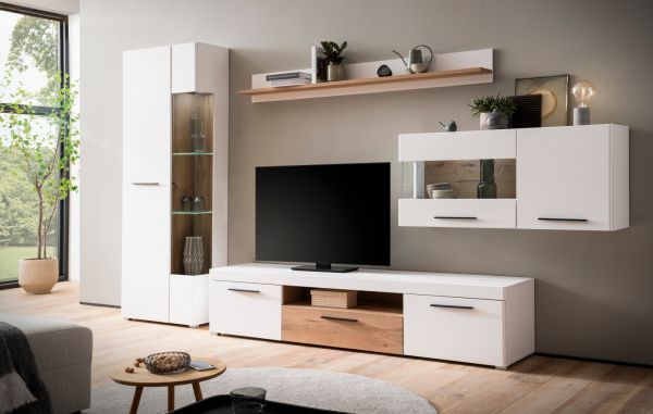 Wohnwand Lavell in wei� matt und Evoke Eiche Wohnkombination 4-teilig, Soft-Close-Funktion
