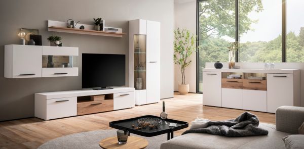 Wohnwand Lavell in wei� matt und Evoke Eiche Wohnkombination 4-teilig, Soft-Close-Funktion